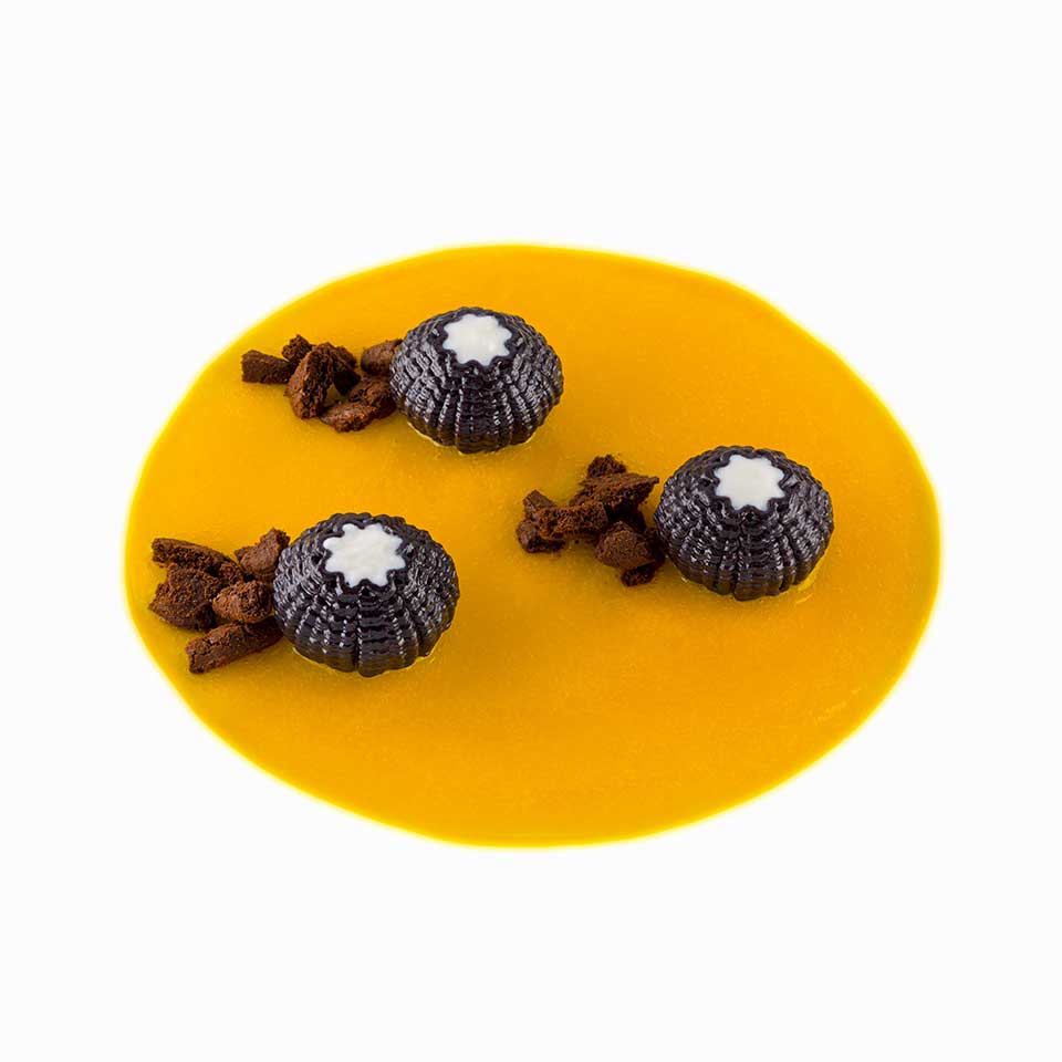 Sea Urchin con cremoso di ricotta, frutto della passione e crumble al cacao